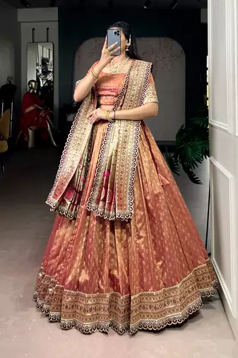 Rust Gold Shimmer Organza Zari Weaving Lehenga Choli with Wine Paithani Dupatta & Batwa