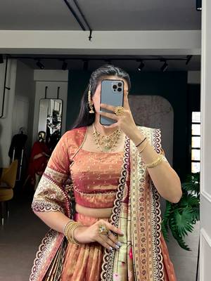 Rust Gold Shimmer Organza Zari Weaving Lehenga Choli with Wine Paithani Dupatta & Batwa 3