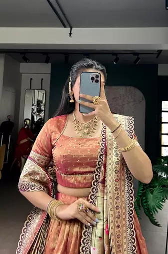 Rust Gold Shimmer Organza Zari Weaving Lehenga Choli with Wine Paithani Dupatta & Batwa