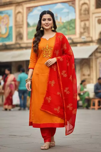 Orange color beautiful formal looks ethnic embroidered suit
