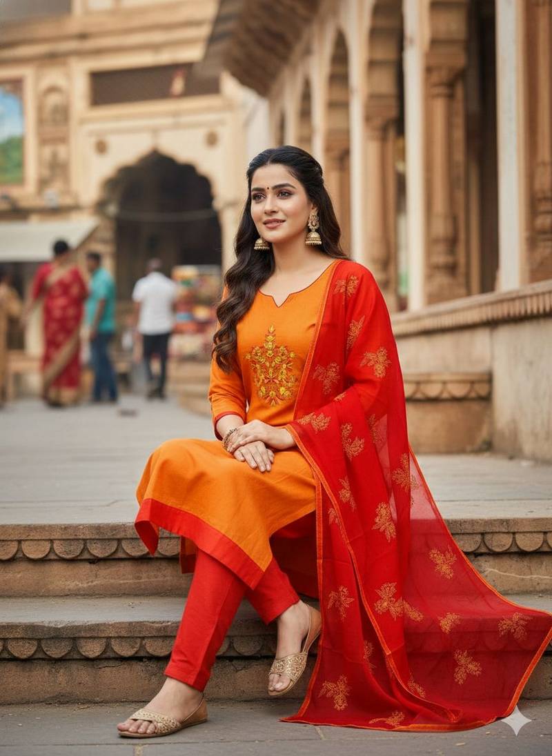 Orange color beautiful formal looks ethnic embroidered suit