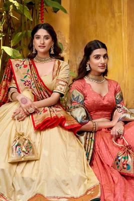 Cream Paithani Silk Zari Weaving Lehenga Choli with Jacquard Dupatta & Batwa 1