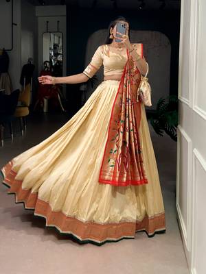 Cream Paithani Silk Zari Weaving Lehenga Choli with Jacquard Dupatta & Batwa 2
