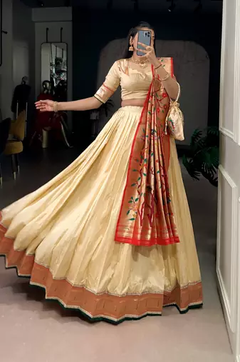 Cream Paithani Silk Zari Weaving Lehenga Choli with Jacquard Dupatta & Batwa