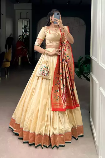 Cream Paithani Silk Zari Weaving Lehenga Choli with Jacquard Dupatta & Batwa
