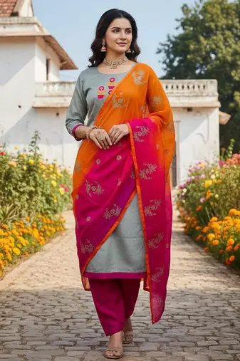 Grey color beautiful formal looks ethnic embroidered suit