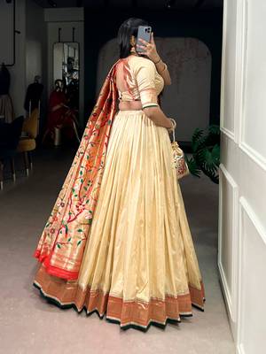 Cream Paithani Silk Zari Weaving Lehenga Choli with Jacquard Dupatta & Batwa 4