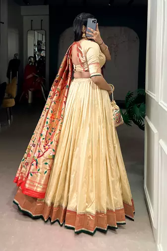 Cream Paithani Silk Zari Weaving Lehenga Choli with Jacquard Dupatta & Batwa