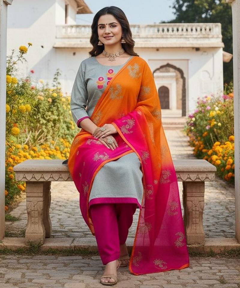 Grey color beautiful formal looks ethnic embroidered suit