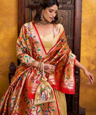 Cream Paithani Silk Zari Weaving Lehenga Choli with Jacquard Dupatta & Batwa 5