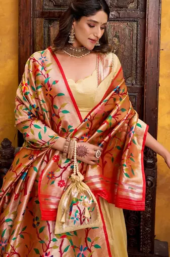 Cream Paithani Silk Zari Weaving Lehenga Choli with Jacquard Dupatta & Batwa