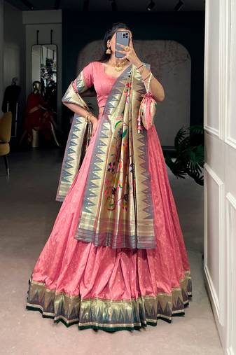 Pink Paithani Silk Zari Weaving Lehenga Choli with Jacquard Dupatta & Batwa