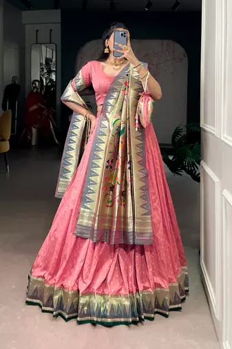 Pink Paithani Silk Zari Weaving Lehenga Choli with Jacquard Dupatta & Batwa