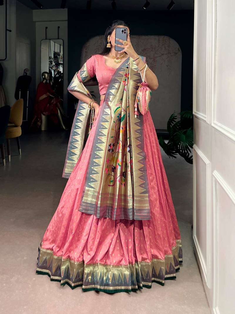 Pink Paithani Silk Zari Weaving Lehenga Choli with Jacquard Dupatta & Batwa