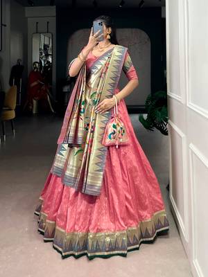 Pink Paithani Silk Zari Weaving Lehenga Choli with Jacquard Dupatta & Batwa 2