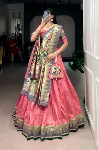 Pink Paithani Silk Zari Weaving Lehenga Choli with Jacquard Dupatta & Batwa