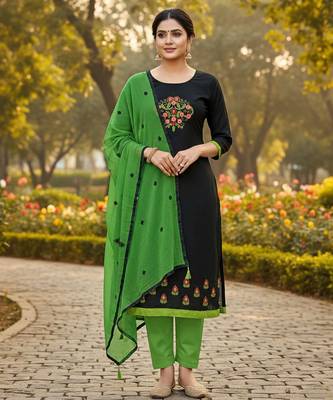 Black color cotton slub fabric designer casual suit with embroidery 1