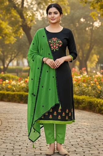 Black color cotton slub fabric designer casual suit with embroidery