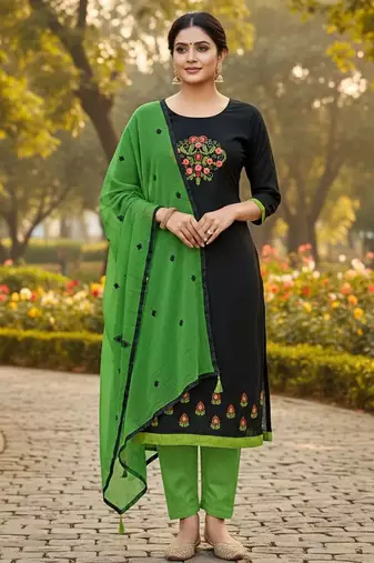 Black color cotton slub fabric designer casual suit with embroidery