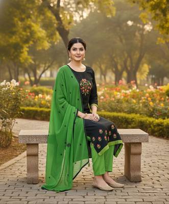 Black color cotton slub fabric designer casual suit with embroidery 2
