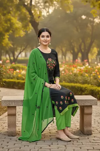 Black color cotton slub fabric designer casual suit with embroidery