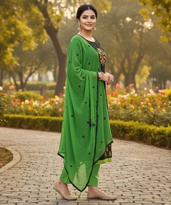 Black color cotton slub fabric designer casual suit with embroidery 3
