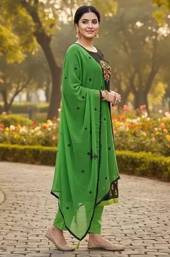 Black color cotton slub fabric designer casual suit with embroidery