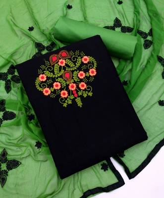 Black color cotton slub fabric designer casual suit with embroidery 4