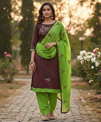 Brown color cotton slub fabric designer casual suit with embroidery 1