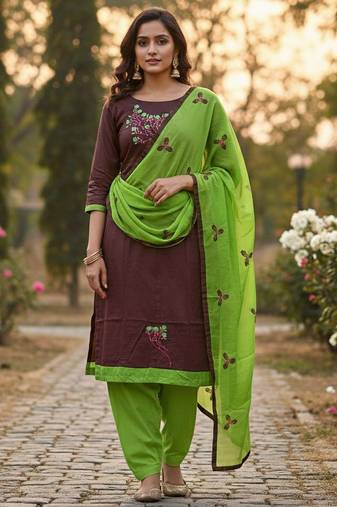 Brown color cotton slub fabric designer casual suit with embroidery