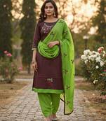 Brown color cotton slub fabric designer casual suit with embroidery