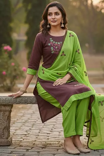 Brown color cotton slub fabric designer casual suit with embroidery