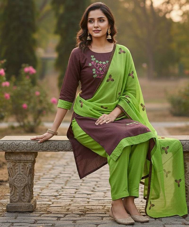 Brown color cotton slub fabric designer casual suit with embroidery