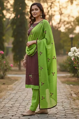 Brown color cotton slub fabric designer casual suit with embroidery