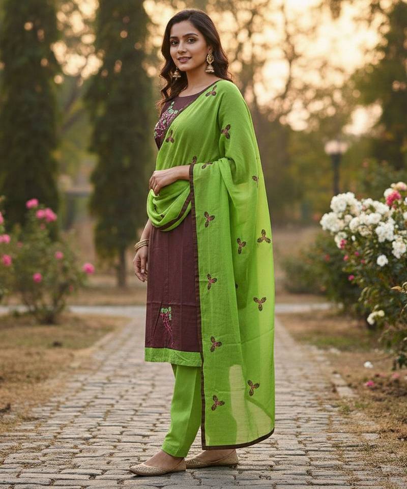 Brown color cotton slub fabric designer casual suit with embroidery