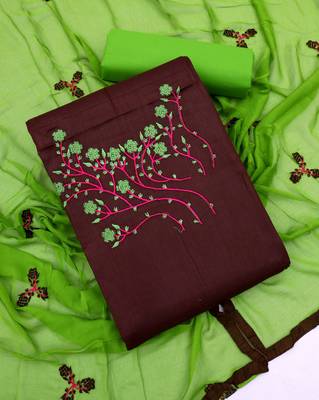 Brown color cotton slub fabric designer casual suit with embroidery 4
