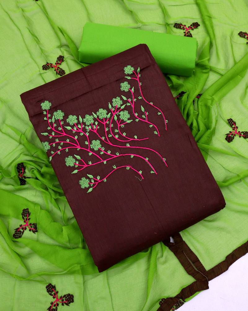 Brown color cotton slub fabric designer casual suit with embroidery