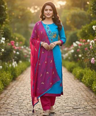 Blue color cotton slub fabric designer casual suit with embroidery 1