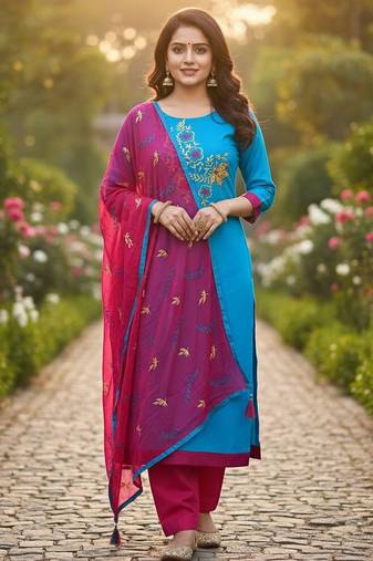 Blue color cotton slub fabric designer casual suit with embroidery
