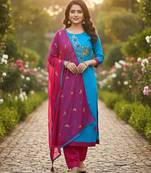 Blue color cotton slub fabric designer casual suit with embroidery
