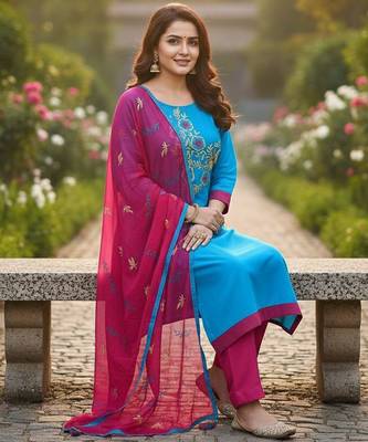 Blue color cotton slub fabric designer casual suit with embroidery 2