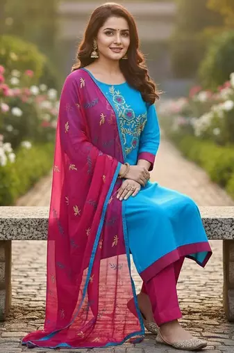 Blue color cotton slub fabric designer casual suit with embroidery