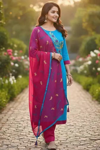 Blue color cotton slub fabric designer casual suit with embroidery