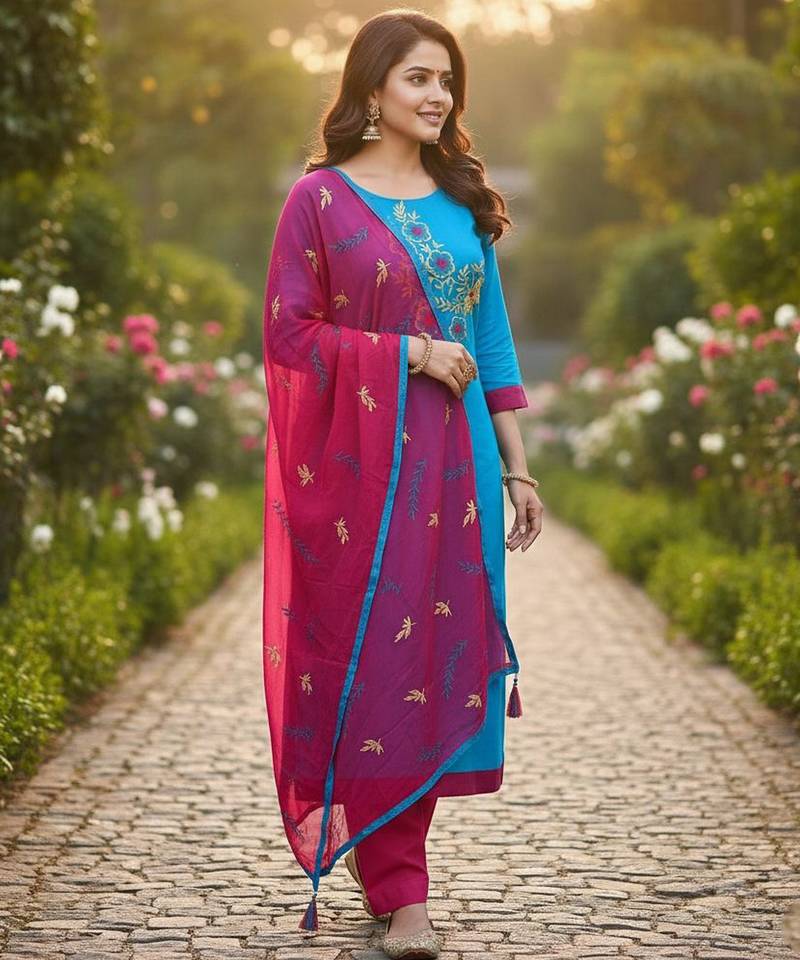 Blue color cotton slub fabric designer casual suit with embroidery