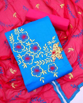 Blue color cotton slub fabric designer casual suit with embroidery 4