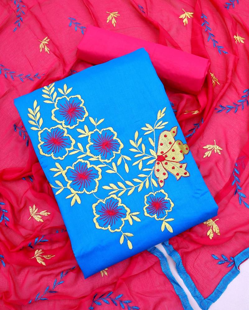 Blue color cotton slub fabric designer casual suit with embroidery