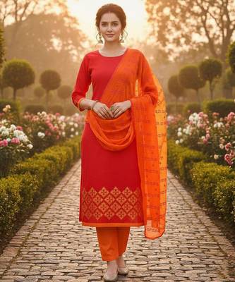 Red color cotton slub fabric designer casual suit with embroidery 1
