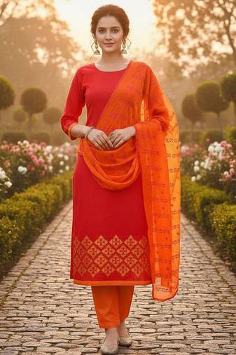 Red color cotton slub fabric designer casual suit with embroidery