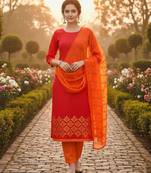 Red color cotton slub fabric designer casual suit with embroidery