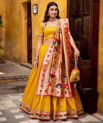 Yellow  Paithani Silk Zari Weaving Lehenga Choli with Jacquard Dupatta & Batwa 1
